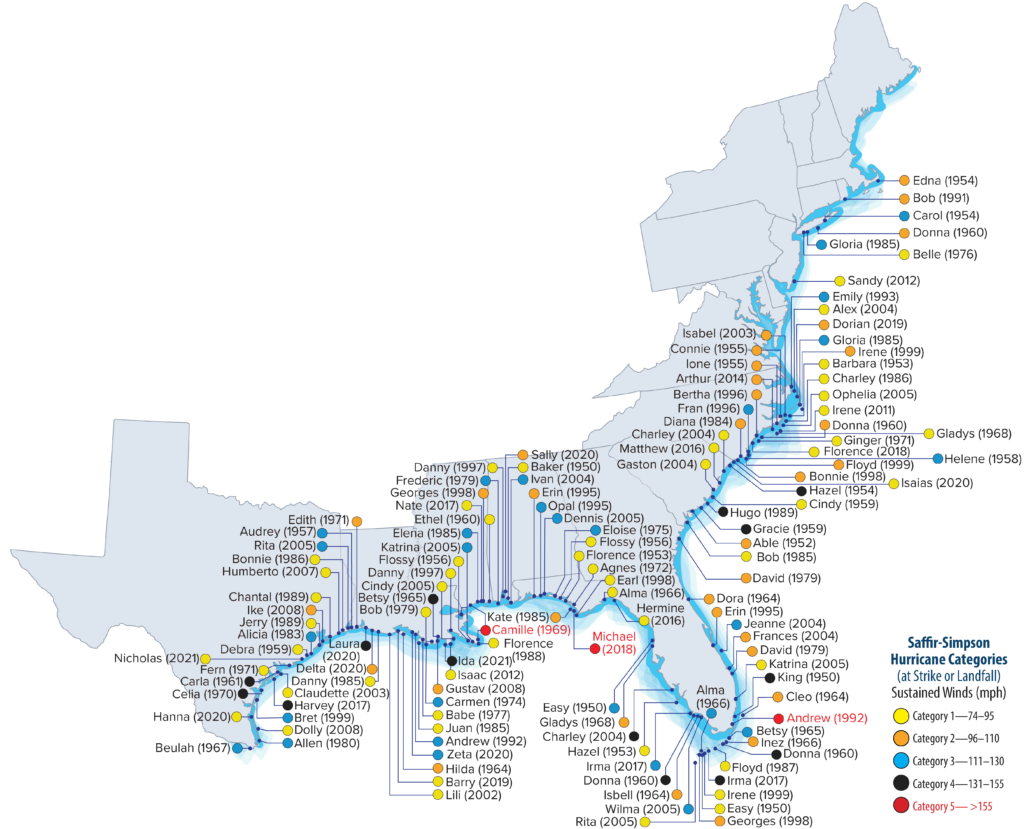 Lieux de frappes d'ouragans entre 1950 et 2021