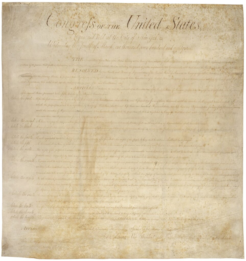 Le manuscrit original de la Déclaration des droits de 1789, sur parchemin, conservé aux Archives nationales américaines