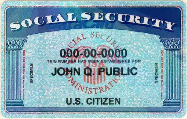 Spécimen de carte de sécurité sociale américaine au nom fictif de John Q. Public, numéro 000-00-0000, avec la mention Specimen