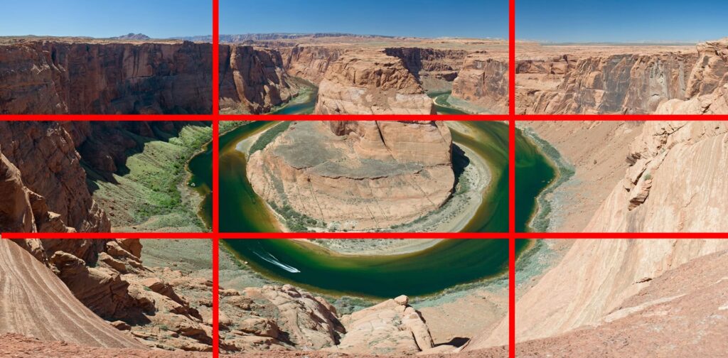 La règle des tiers appliquée sur une vue deu Horse Shoe Bend près du Grand Canyon