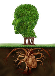 Organic living and healthy lifestyle concept with a tree in the shape of a human head and roots in the form of an anatomical heart organ representing a vegetarian life eating vegetables and fruit for a growing body.