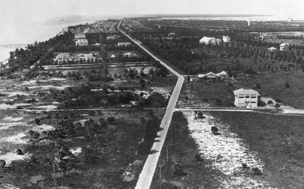 Photo en noir et blanc de 1919 : Collins Avenue, route de terre presque déserte bordée de jeunes palmiers et de rares maisons, à Miami Beach
