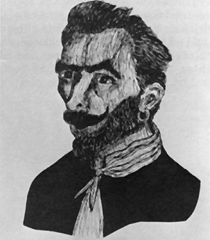 Portrait dessiné en noir et blanc d'un pirate moustachu et barbu, un anneau à l'oreille et un foulard noué autour du cou
