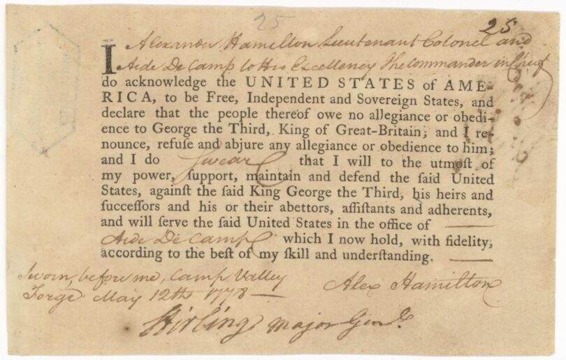 Serment d'allégeance d'Alexander Hamilton, 1778