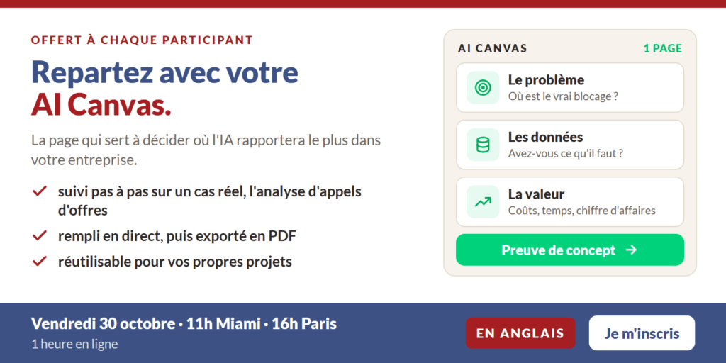 Offert à chaque participant : repartez avec votre AI Canvas, rempli en direct et exporté en PDF