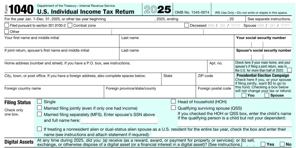 Haut de la première page du formulaire 1040 de l'IRS pour les revenus 2025 : identité, adresse et cases du statut de déclarant, Single, Married filing jointly, Married filing separately, Head of household, Qualifying surviving spouse