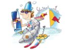 Illustration Red Bull Flugtag : un pilote en lunettes de soleil, canette Red Bull à la main, sur une machine volante bricolée au-dessus de l’eau