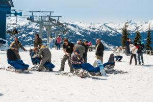 WHISTLER, CANADA- MAY 14, 2007: Unidentified skiers skiing on Whistler. It is visited by over 2 million people each year for skiing in winter and mountain biking during summer.