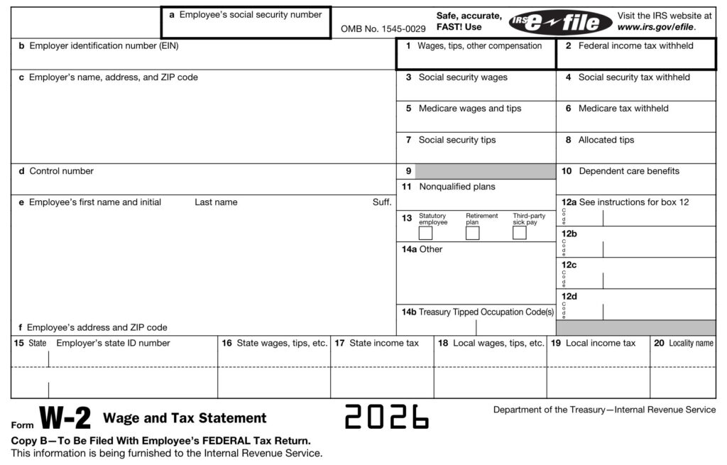 Formulaire W-2 vierge de l'IRS pour 2026, copie B, avec les cases du salaire, de l'impôt fédéral retenu et des cotisations Social Security et Medicare