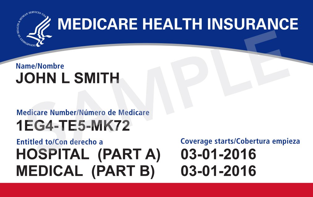 Spécimen de carte Medicare au nom fictif de John L Smith, avec le numéro Medicare et les dates de couverture Part A et Part B, marqué Sample