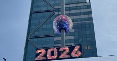 La boule de cristal Constellation au sommet du mât de One Times Square, au-dessus des chiffres lumineux 2026