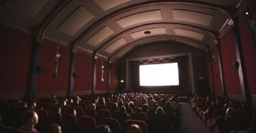 Public dans une salle de cinéma aux fauteuils rouges, face à l'écran allumé