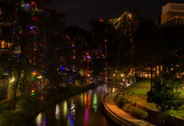 Cyprès du River Walk de San Antonio couverts de guirlandes lumineuses multicolores, de nuit, avec leurs reflets dans la rivière