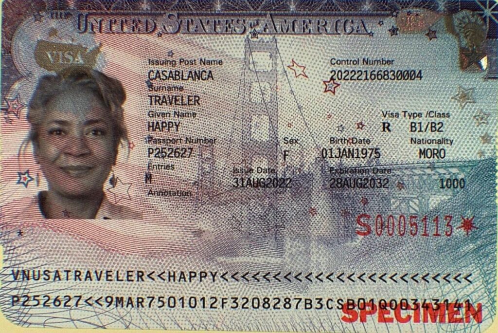 Spécimen officiel de vignette visa américaine de type B1/B2, valable dix ans, avec la mention Specimen