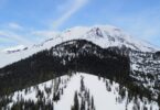 Le sommet enneigé du Mont Shasta sous un ciel bleu, au-dessus d'une butte boisée et des pistes damées du Mt. Shasta Ski Park